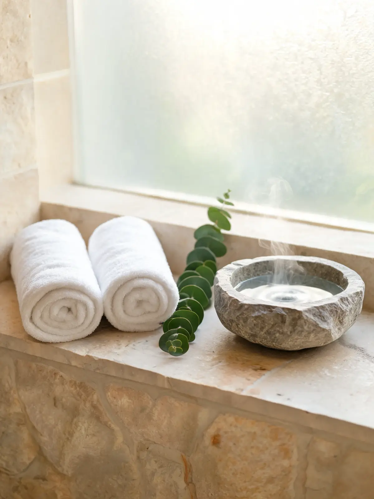 Two rolled towels, a eucalyptus stem and a steaming rough stone bowl on a limestone sill by a frosted window