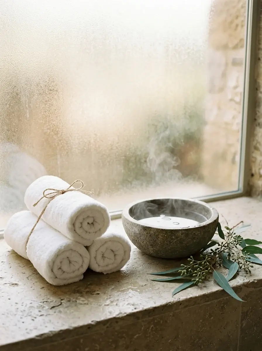 A generated photo of rolled white towels, a steaming stone bowl and eucalyptus on a limestone sill by a frosted window