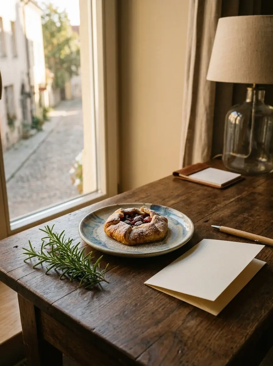 A generated photo of a berry galette on a ceramic plate, a rosemary sprig and a blank folded card on a wooden desk in late sun
