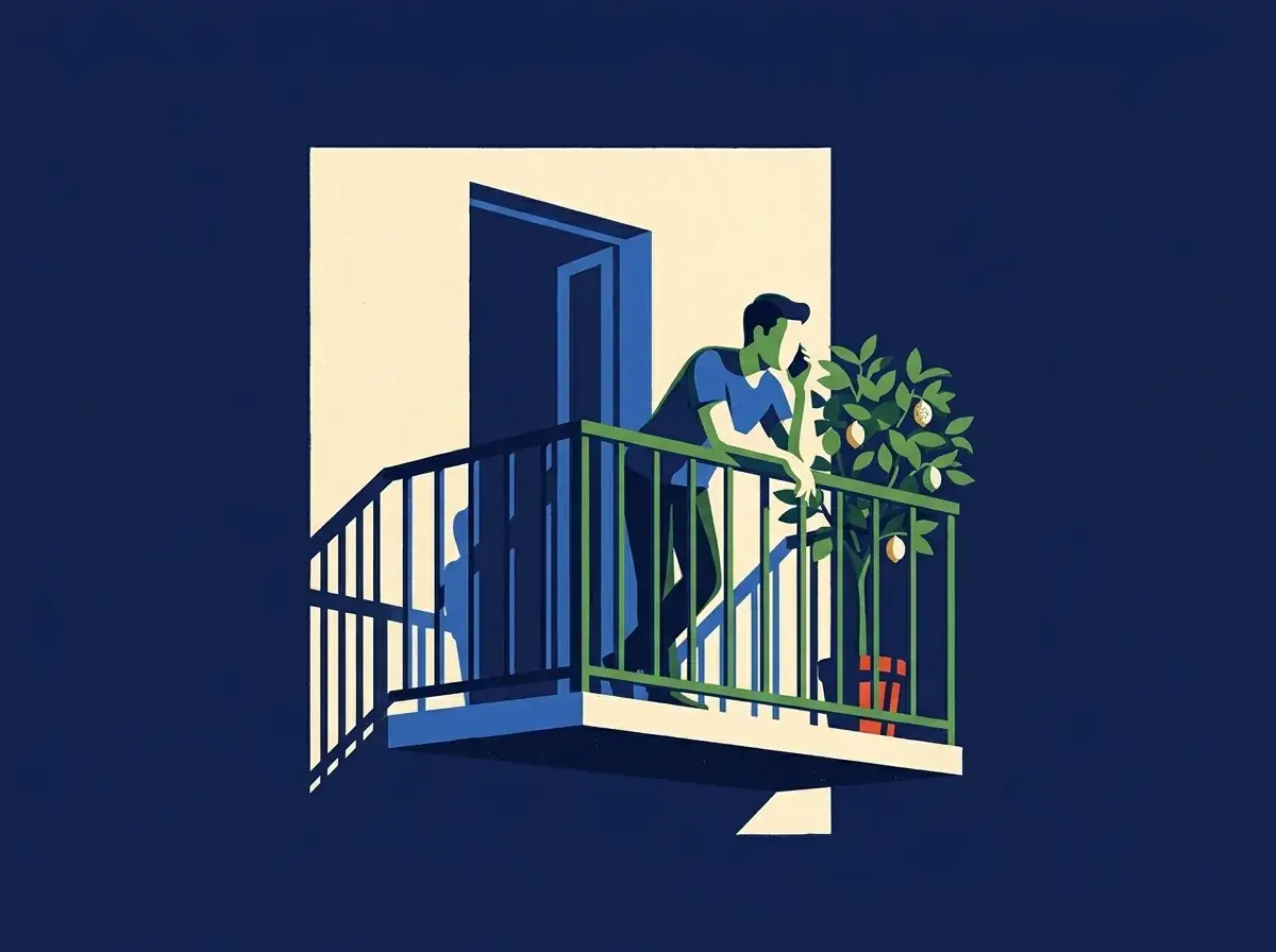 A flat screen-printed spot on deep navy: a man leaning on a green balcony rail with a phone to his ear beside a potted lemon tree, the cream wall behind him lit