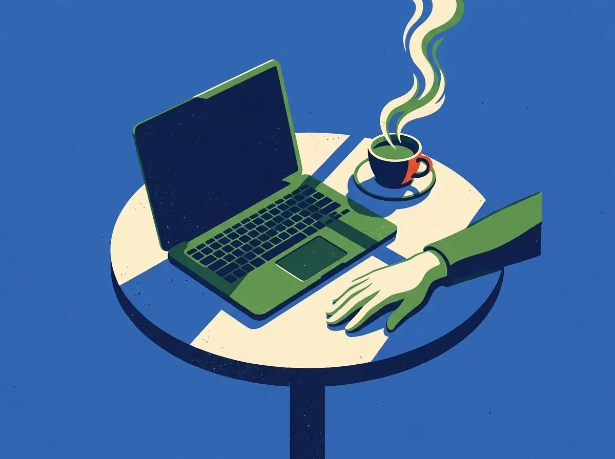 A flat screen-printed spot on cobalt: a round cafe table seen from above with an open green laptop, a cup of coffee with a red handle and a resting hand, two cream bands of window light across the table