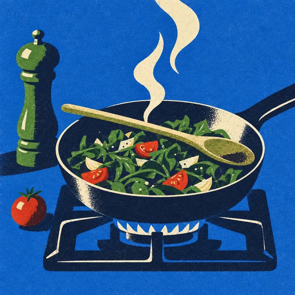 The cooking spot from GPT Image 2.5 Sunburst: greens and tomatoes in a black pan with a wooden spoon on a gas ring, cream steam, a green pepper grinder and a tomato beside it