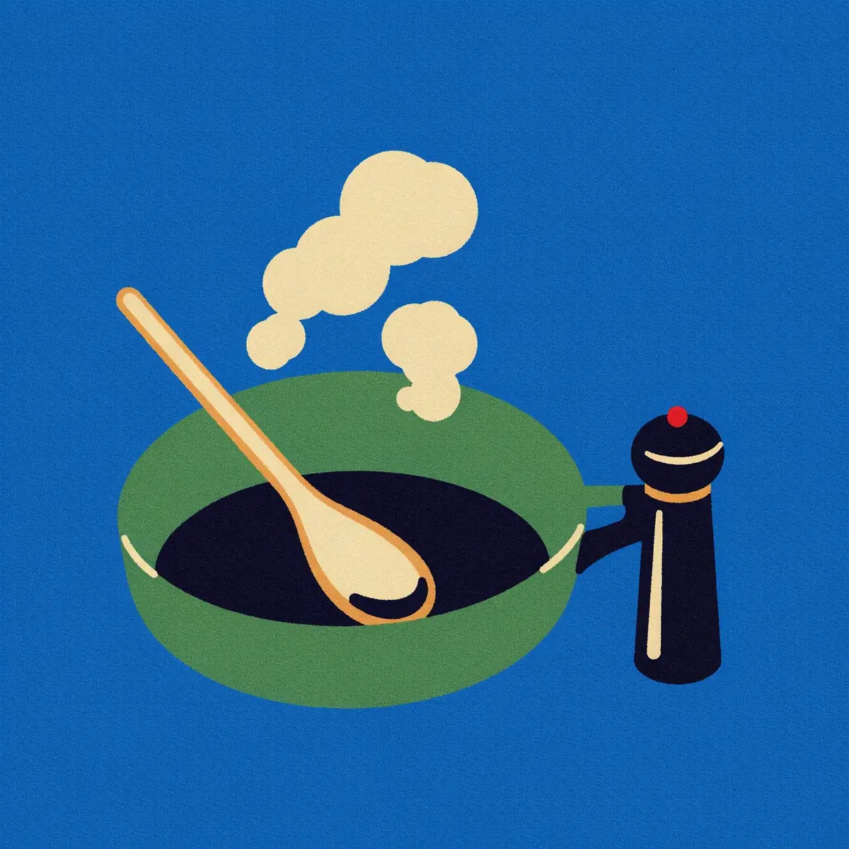 The cooking spot from Ideogram 4.5: a green pan with a wooden spoon, cream cloud steam and a navy pepper grinder with a red top on plain cobalt, no stove