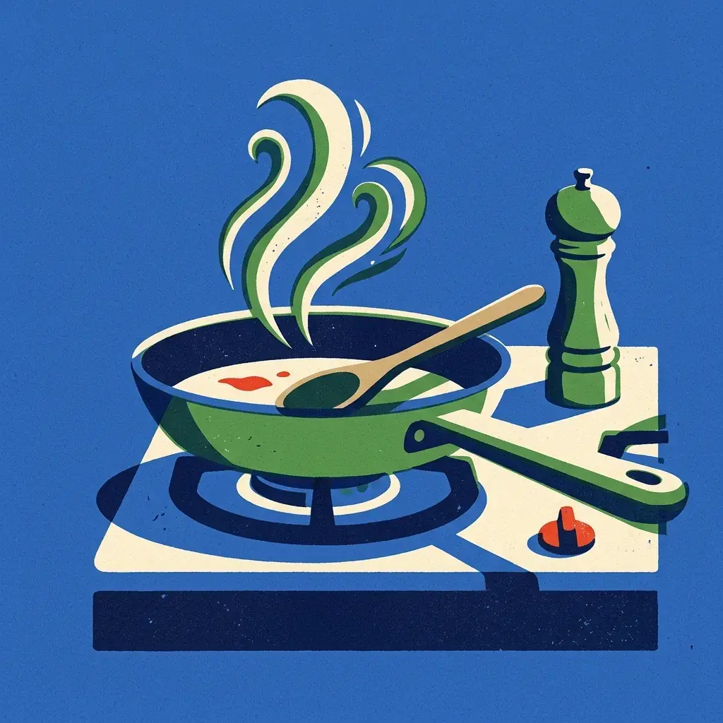 A flat screen-printed spot on cobalt from Nano Banana 2.1: a green pan with a wooden spoon on a gas hob, green and cream steam rising, a green pepper grinder beside it