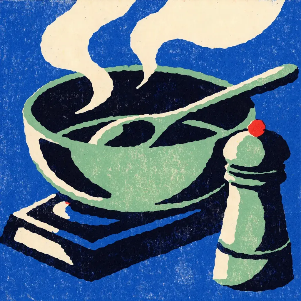 The cooking spot from Recraft V4.1 as a rough lino cut: a pale green pan and spoon on a navy stove under big cream steam, a pepper grinder with a red top