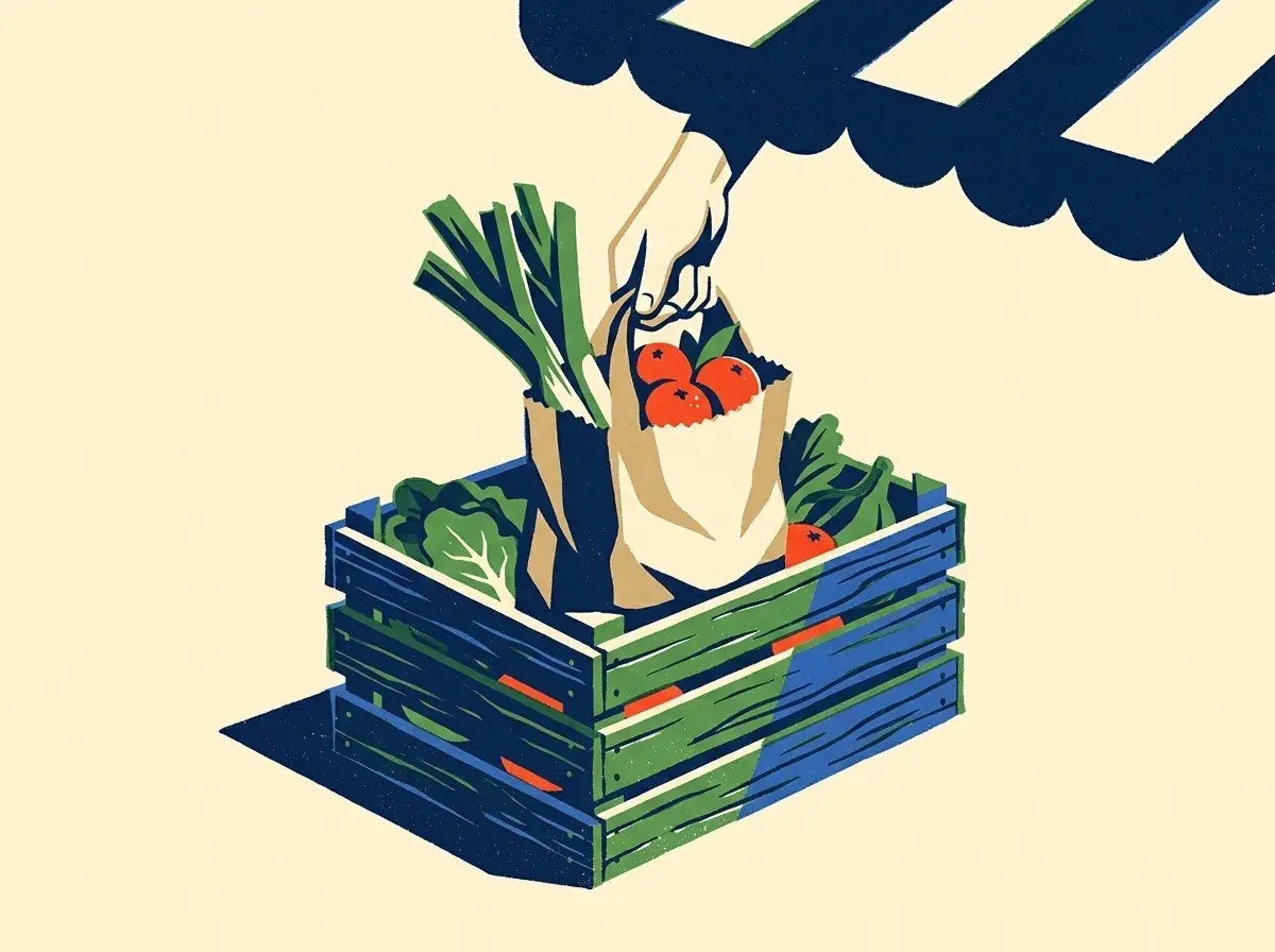 A flat screen-printed spot on cream: a hand lifting a paper bag of red oranges and leeks out of a green wooden crate, under the navy scalloped edge of a market awning