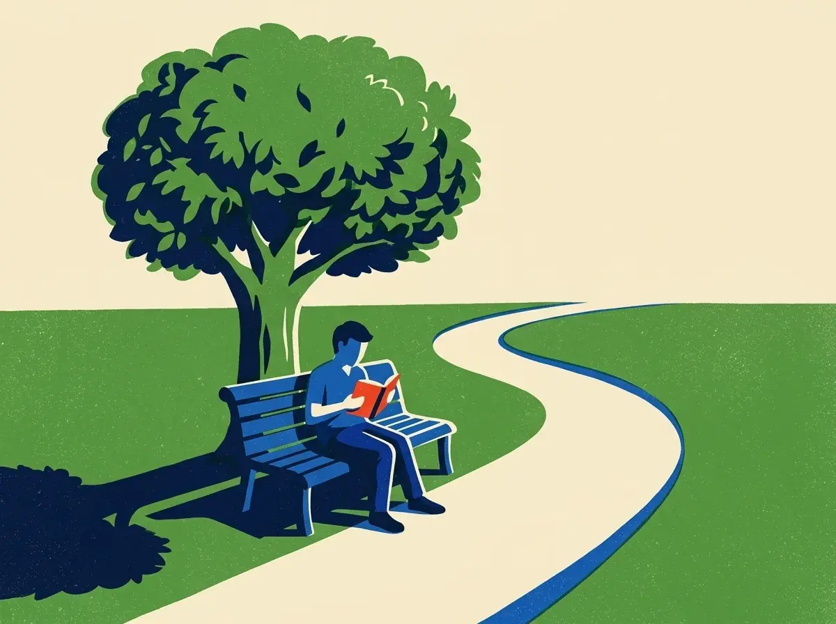 The park sketch as a flat screen-printed spot: a reader with a red book on a navy bench under a green tree, a cream path curving through green grass, the tree's shadow in navy