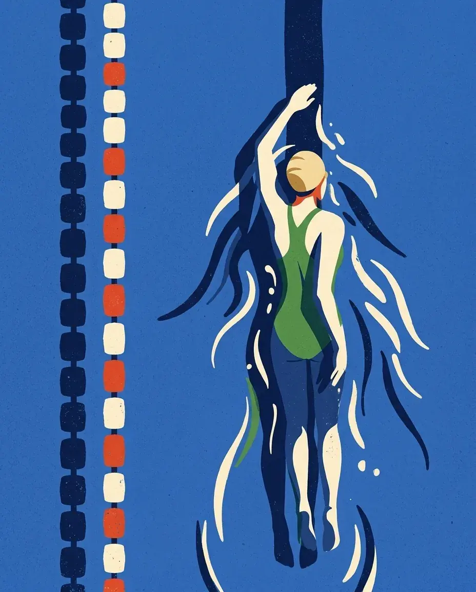 A tall flat screen-printed spot: a swimmer seen from above mid-stroke in cobalt water, cream ripples around them and a lane rope of cream and red floats beside them