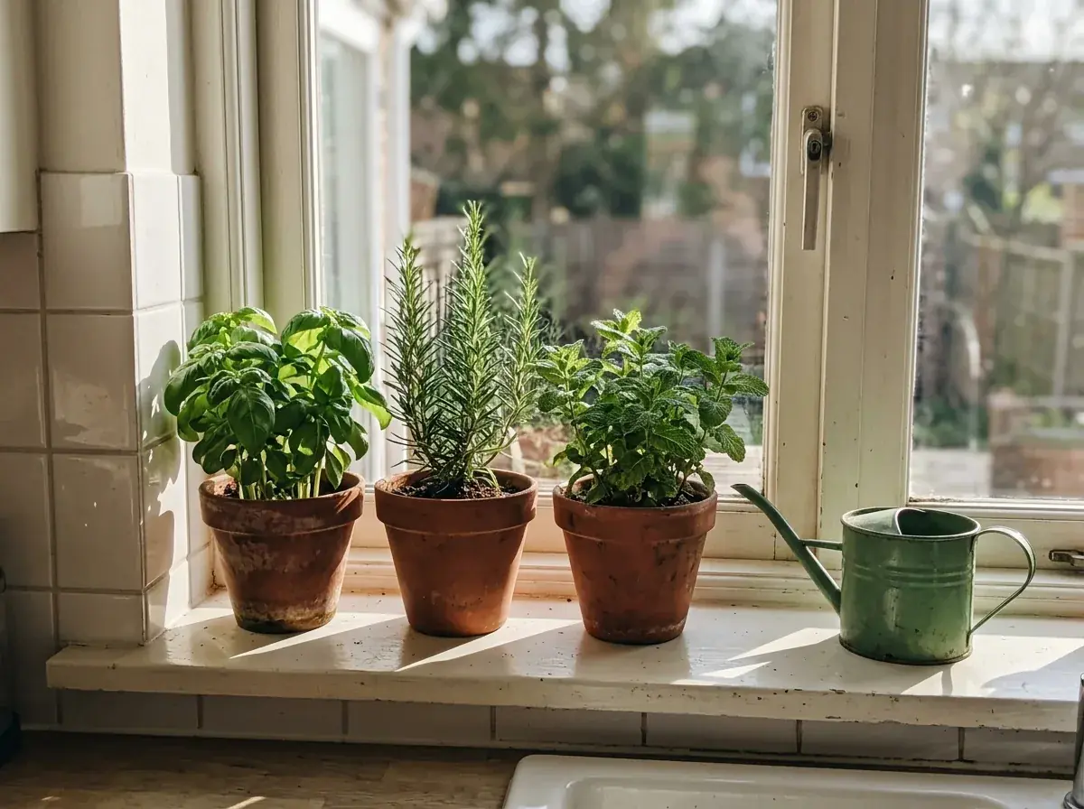 A generated phone photo of a sunny kitchen windowsill: basil, rosemary and mint in terracotta pots beside a green watering can, their shadows across the sill