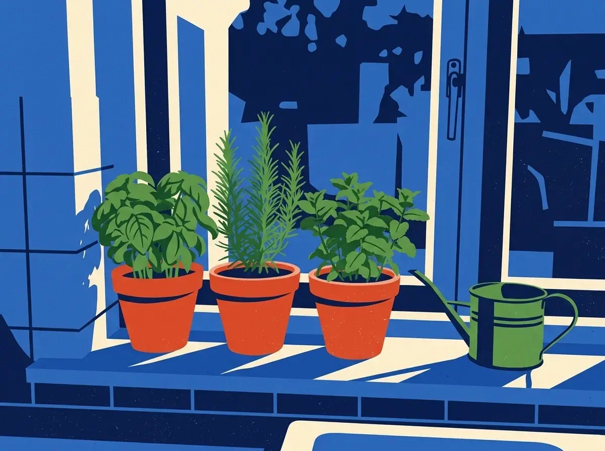 The windowsill photo redrawn as a flat screen-printed spot: three herbs in red pots and a green watering can on a cobalt sill, sunlight and shadow as hard cream and navy shapes