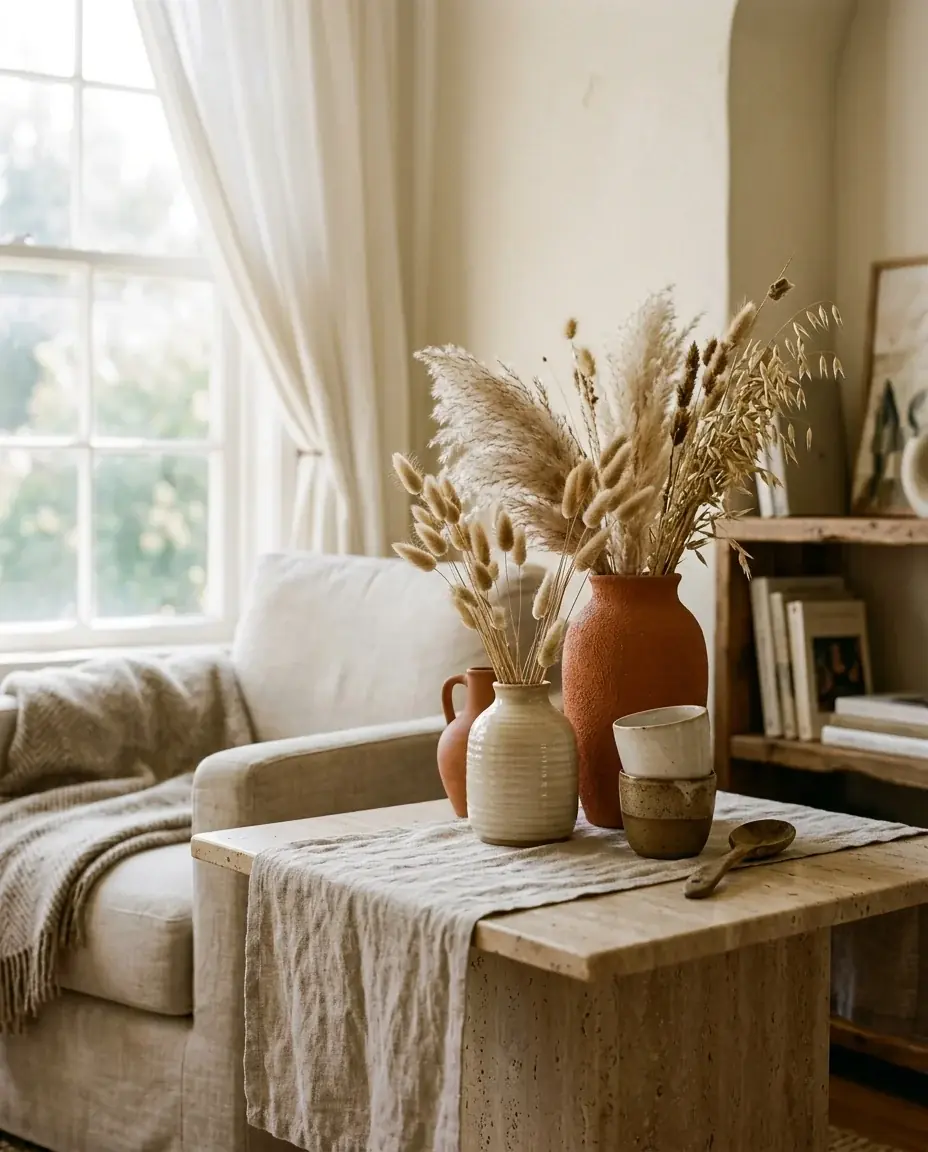 Terracotta and cream vases of dried grasses with stoneware cups on a travertine table and linen runner, a linen sofa and a bright window on the left