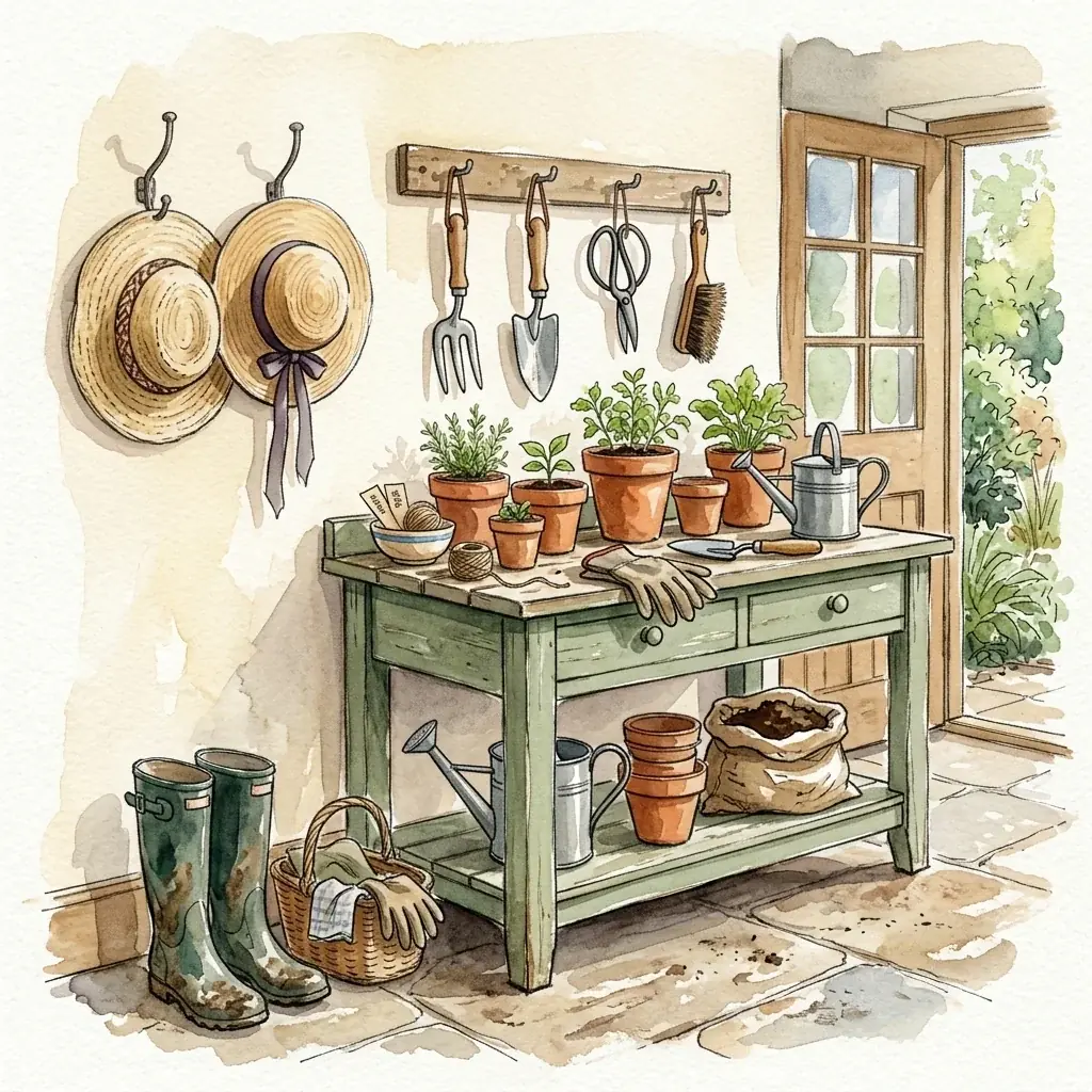 A watercolor of a sage green potting bench with terracotta pots, two straw hats and garden tools on the wall, and rubber boots by a basket
