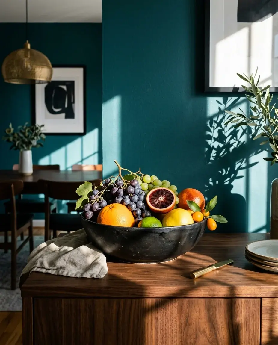 A black ceramic bowl of oranges, blood orange, limes and grapes on a walnut sideboard against a teal wall in hard afternoon sun