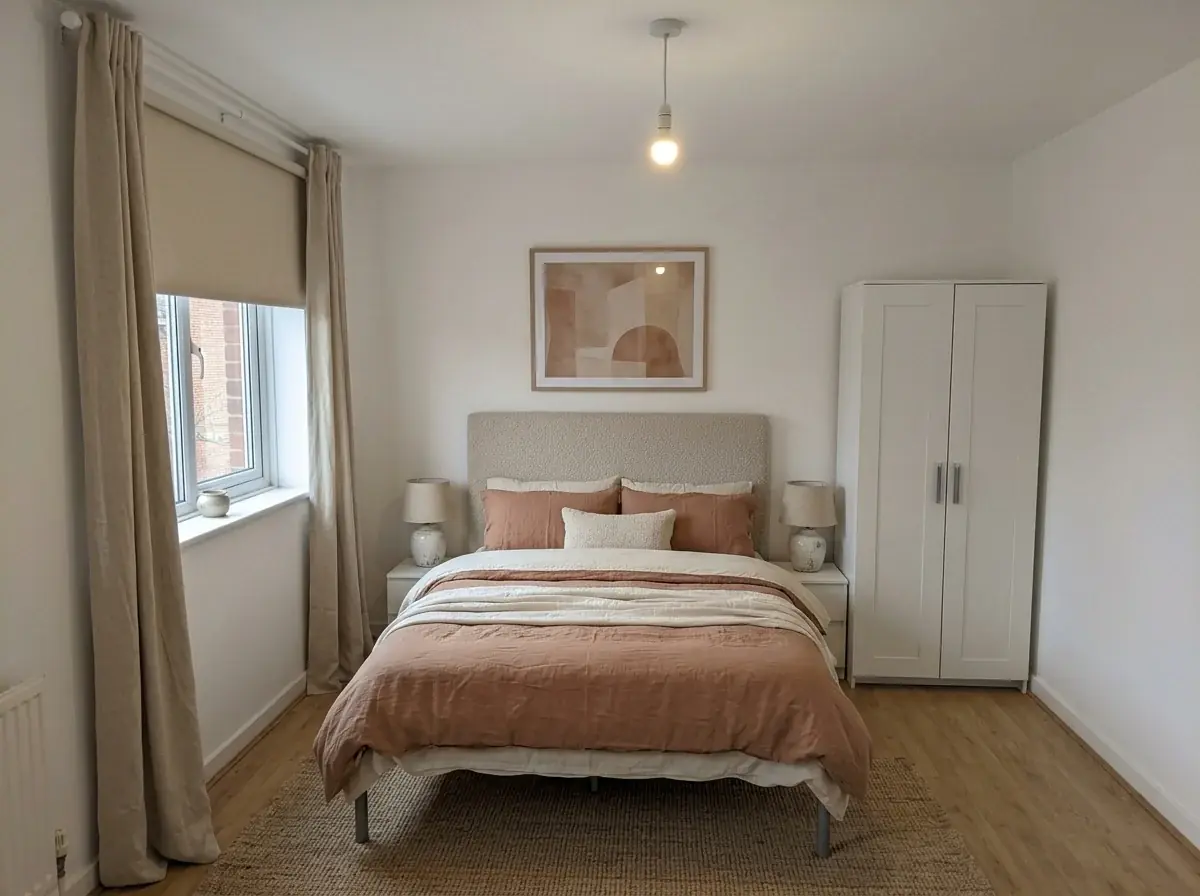 The same bedroom restyled by AI with an oat headboard, clay and cream linen bedding, ceramic lamps, a linen curtain and an abstract print
