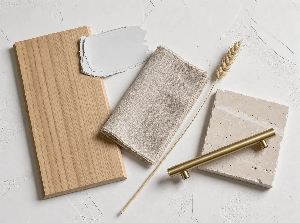A material board of oak, a torn paint chip, folded linen, travertine, a brass bar handle and a wheat stem on white plaster, made on Flux 3 Image