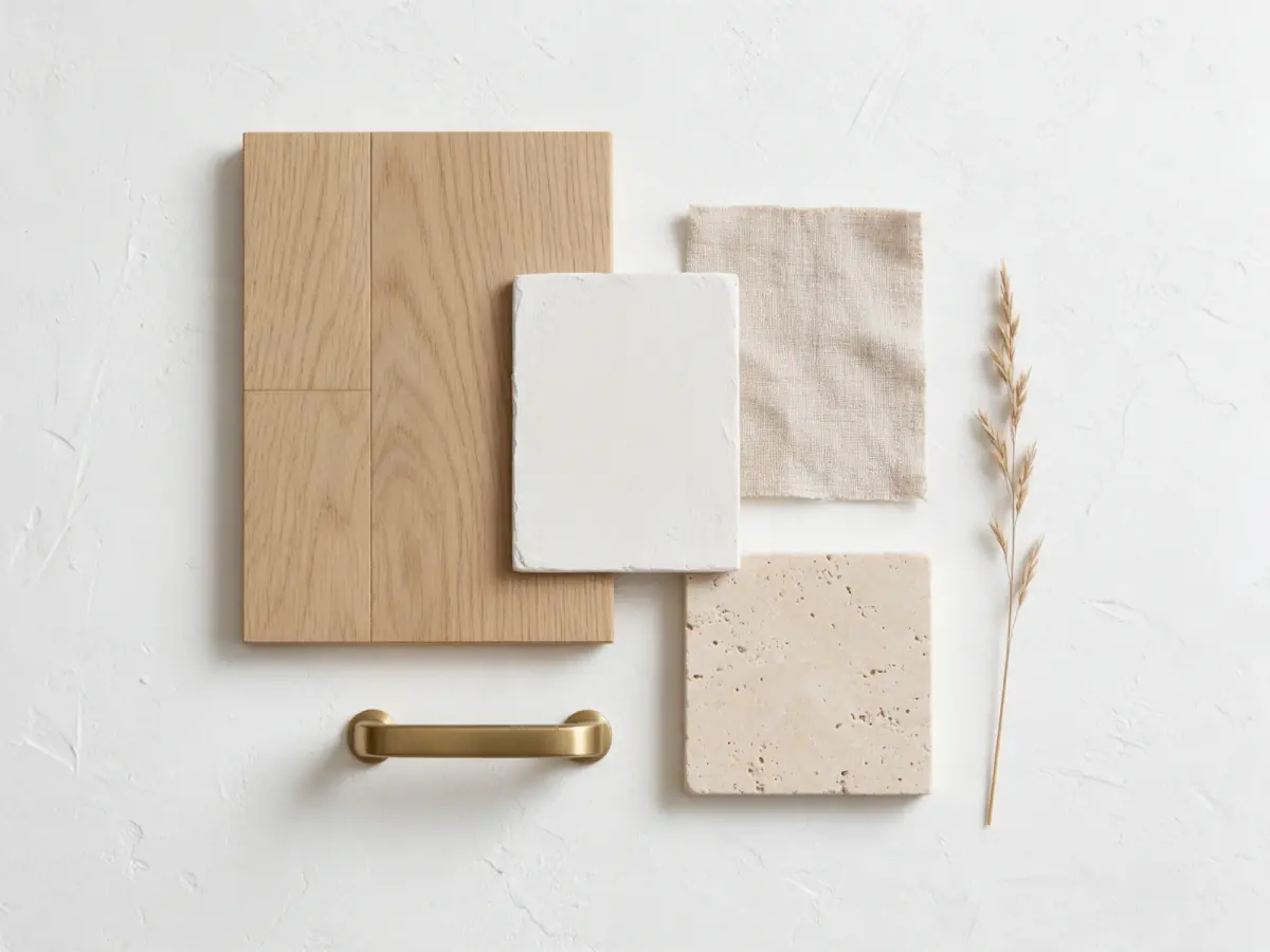A material board of oak, a white tile, linen, travertine, a brass handle and a grass stem laid square on white plaster, made on Seedream 5 Pro