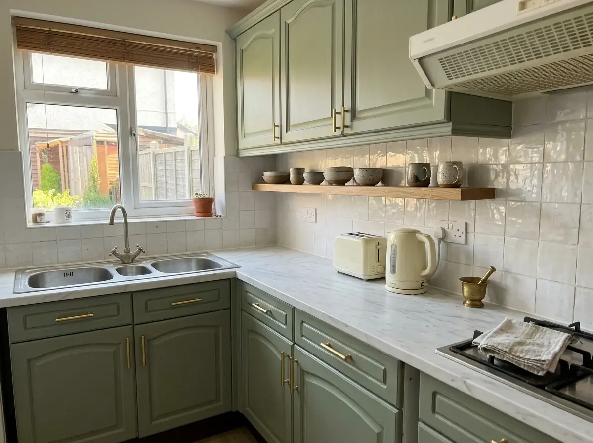 The same kitchen restyled by AI with sage green cabinets, a white marble worktop, a zellige splashback, brass handles and an oak shelf of ceramics