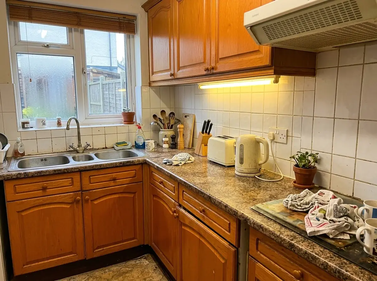 A generated phone photo of a dated kitchen: orange oak cabinets, speckled brown granite, white square tiles, a strip light and clutter on the counter