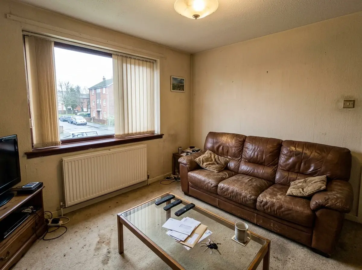 A generated phone photo of a dated living room: beige walls, a worn brown leather sofa, a glass coffee table with remotes and mail, vertical blinds over a wide window with a radiator
