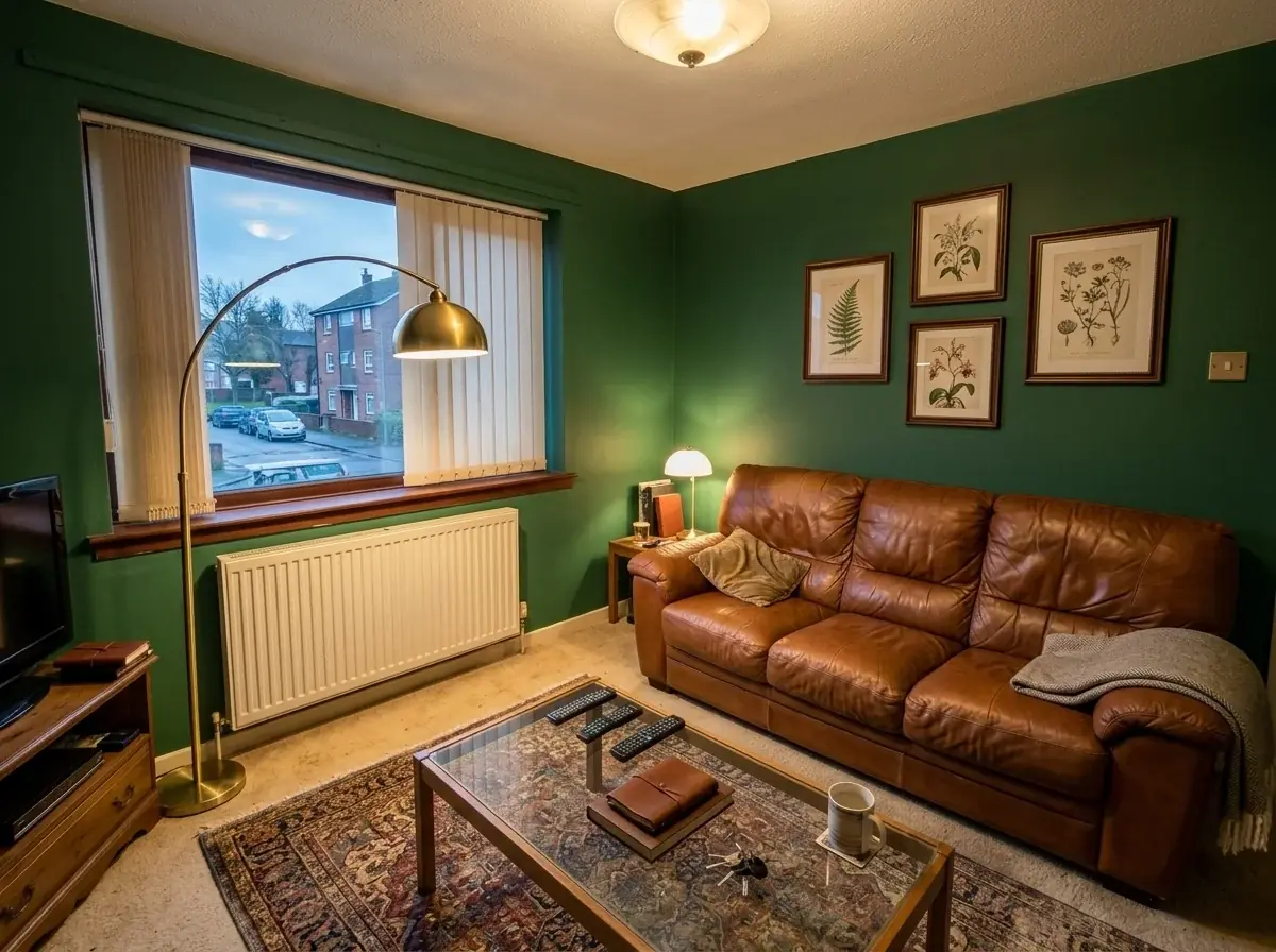 The same living room restyled by AI with deep green walls, a cognac leather sofa, a brass arc lamp, a vintage rug and framed botanical prints