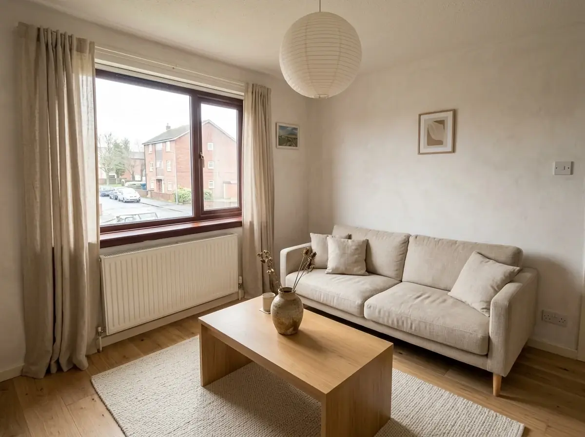 The same living room restyled by AI with limewash walls, an oat linen sofa, an oak coffee table, a paper lantern and linen curtains, the window and radiator unchanged