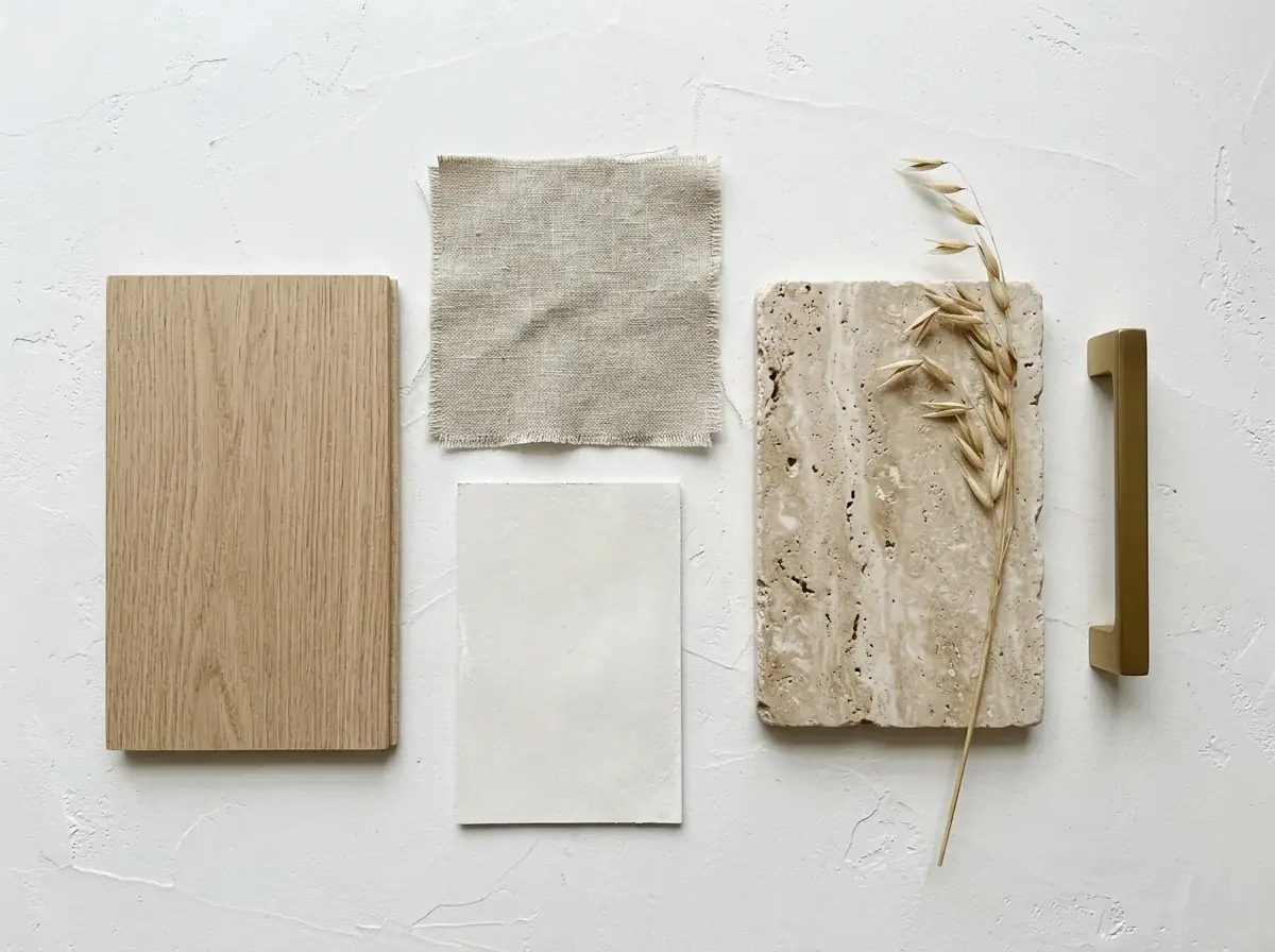 A generated material board on white plaster: an oak floor sample, a limewash paint chip, oat linen, travertine, a brass handle and a dried grass stem