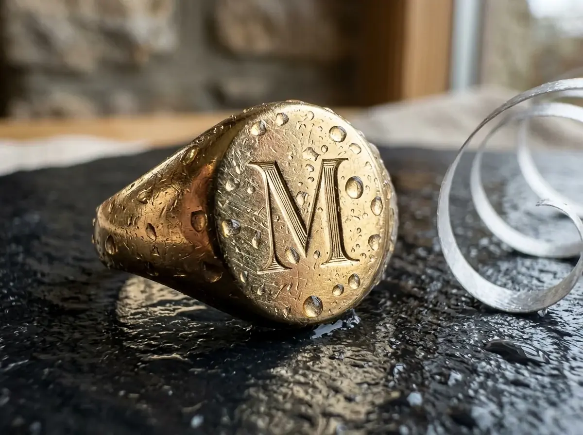 A macro of a gold signet ring engraved with an M, covered in water drops on wet dark stone, a silver ribbon curl beside it