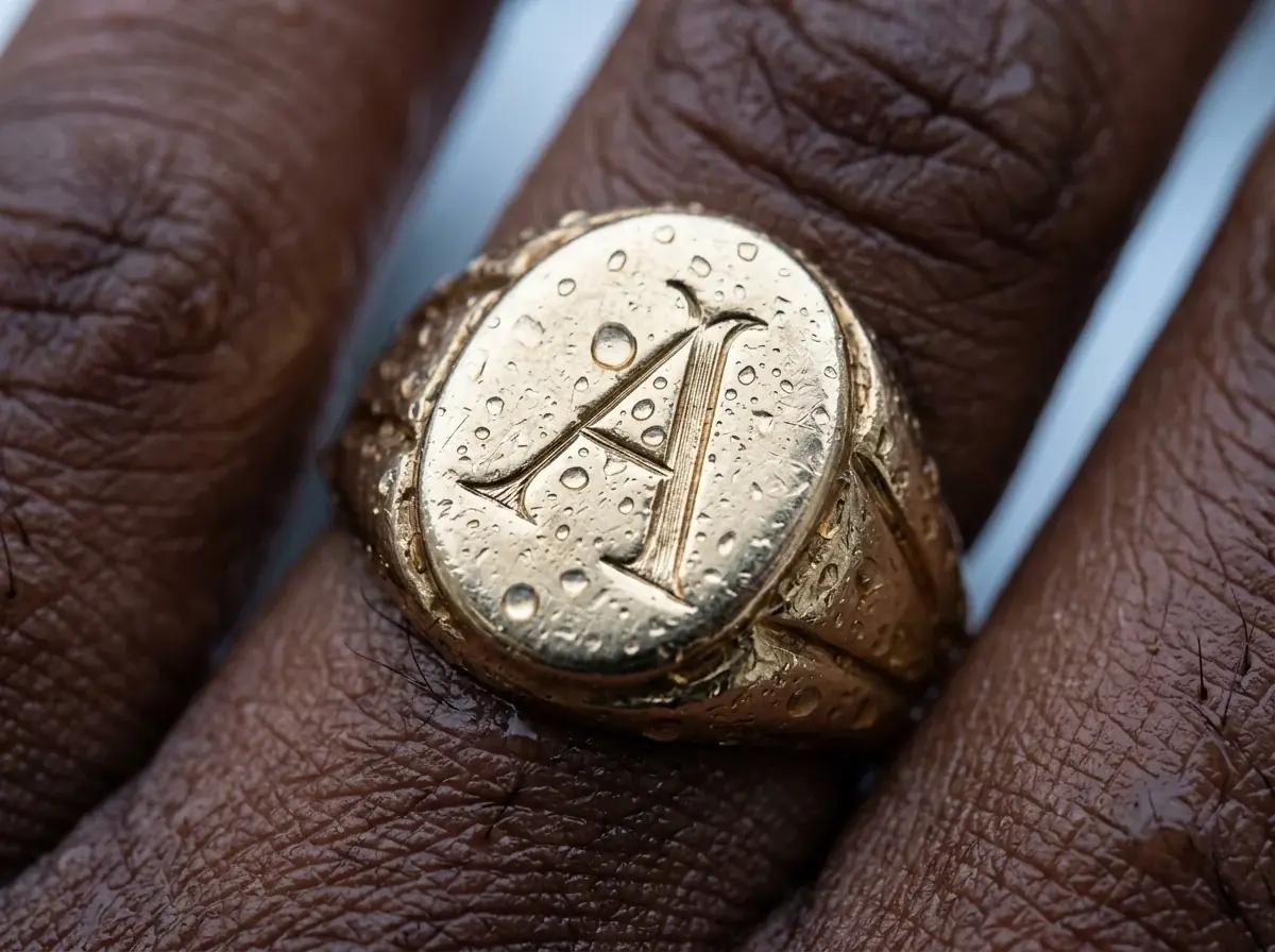 A tight macro of a gold signet ring engraved with an A on a finger, fine water drops on the metal