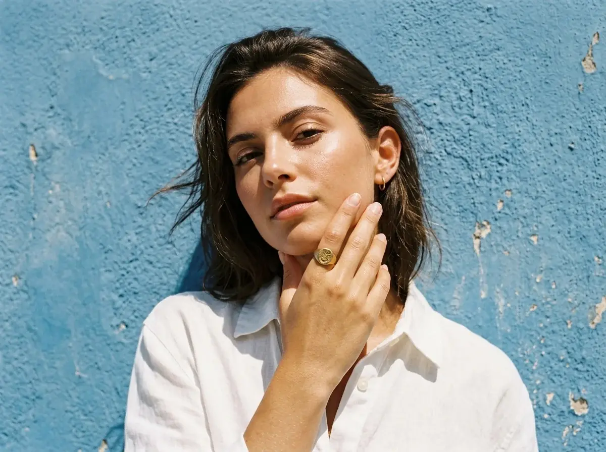 A woman in a white shirt against a blue plaster wall in hard sun, her hand at her cheek wearing a gold signet ring