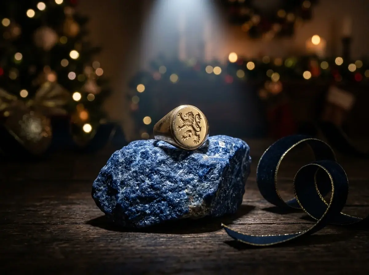 A gold signet ring with a lion crest on rough blue stone under one cold spotlight, a dark ribbon curl and holiday lights behind
