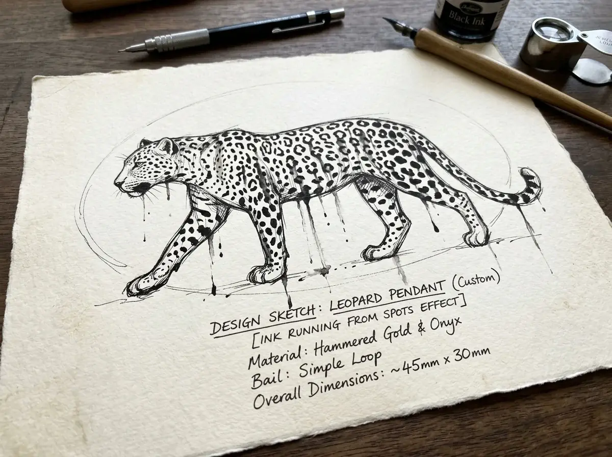 A generated ink sketch of a walking leopard on cream paper, ink running from its spots, with handwritten pendant design notes, a pen and a loupe on the desk