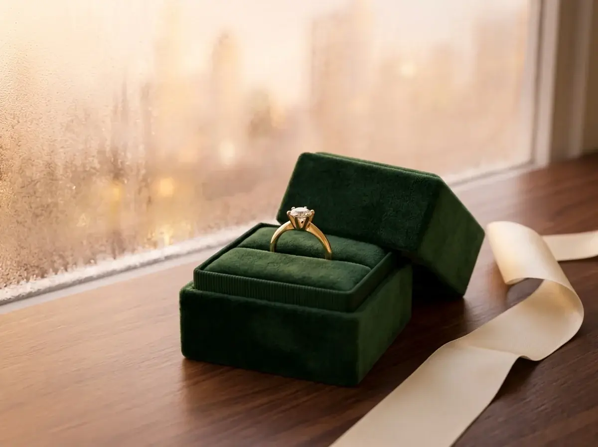 The gold solitaire ring from the case photo in an open dark green velvet gift box by a frosted window, a cream ribbon beside it, warm evening light