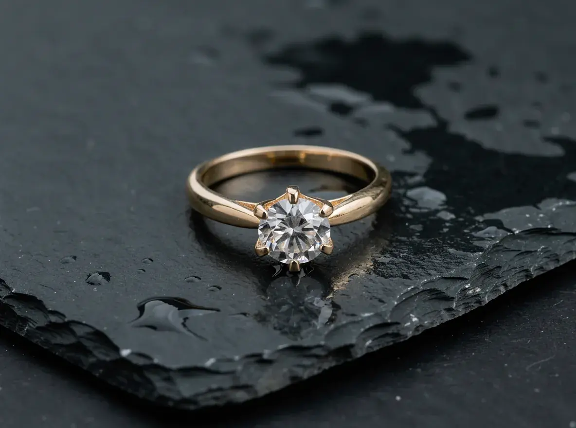 Flux 3 Image: the gold solitaire on a chipped slate tile with water drops, six prongs around a clear stone