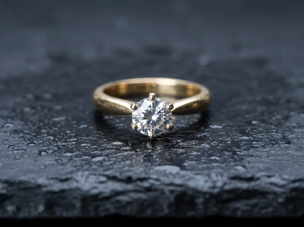 Nano Banana Pro: the gold solitaire on wet slate with water drops, six prongs, the stone clear
