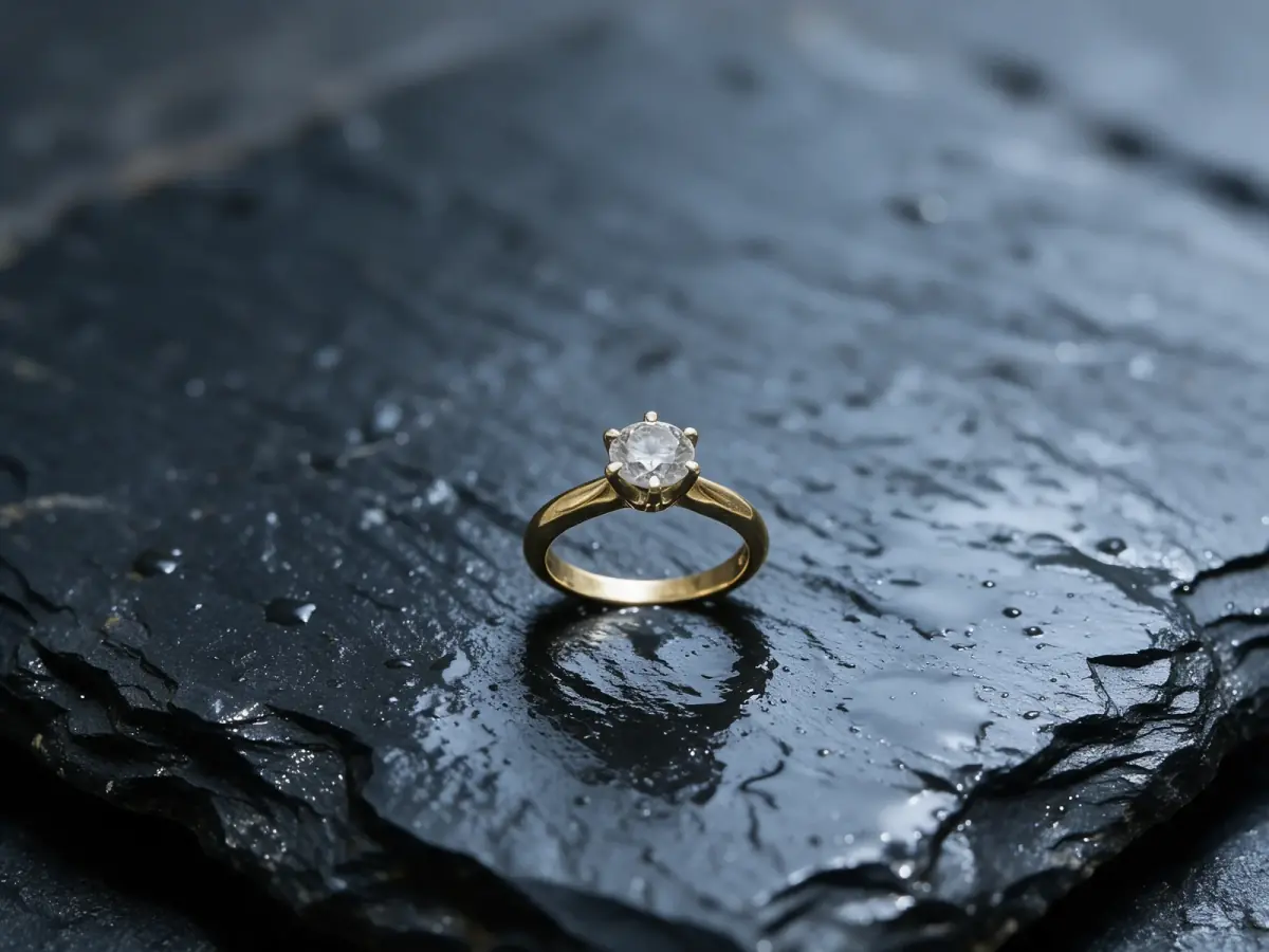 Seedream 5 Pro: the gold solitaire small on a wide slab of wet slate, six prongs, the stone still gray as in the case photo