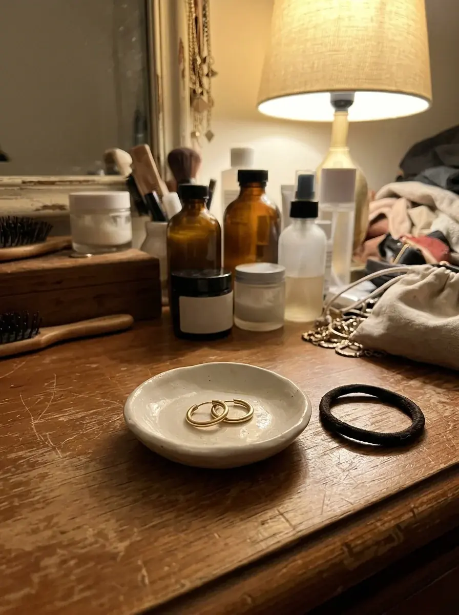 A generated phone photo of two small gold hoop earrings in a white ceramic dish on a cluttered dresser, a hair tie beside it, warm lamp light