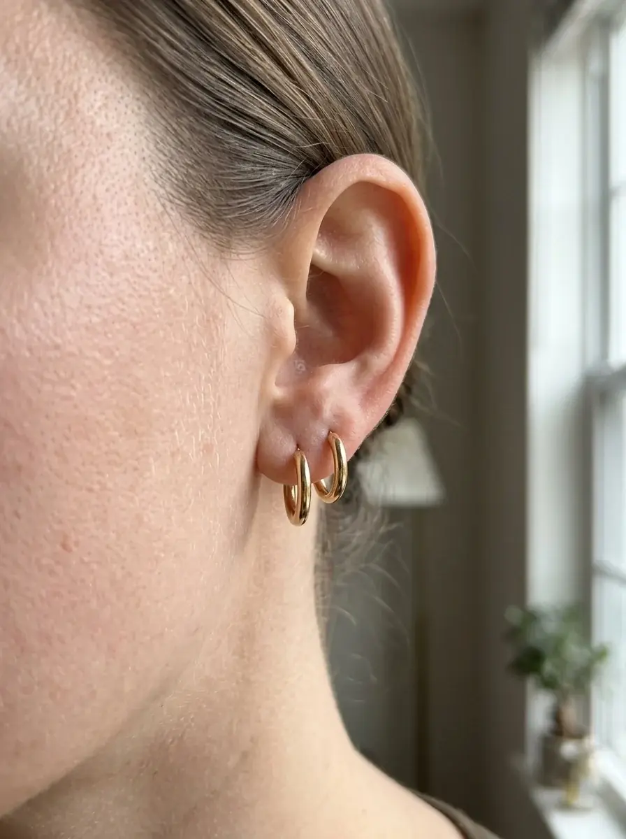 The gold hoops worn on an earlobe in soft window light, hair tucked back; the model put both hoops in one ear