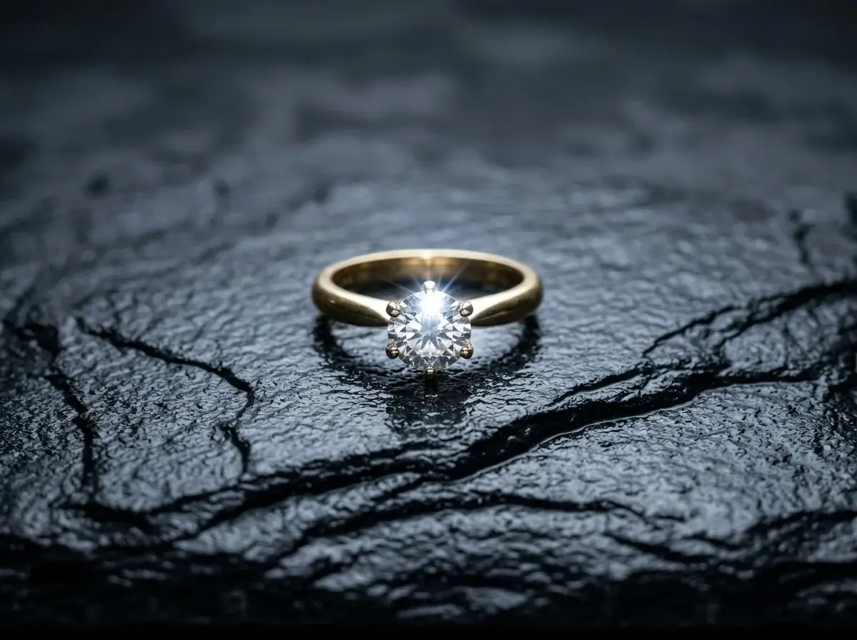 The same gold solitaire as a macro on wet dark slate, six prongs around a bright round stone, one cold light from above