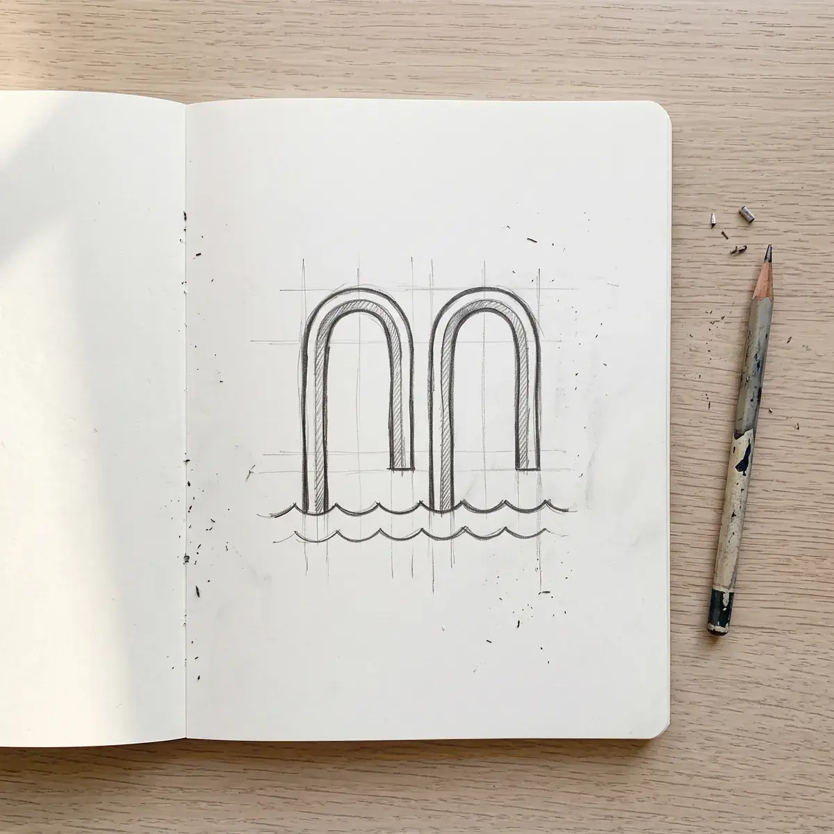 A generated phone photo of an open sketchbook on an oak desk: a pencil sketch of two rounded arches, a pool ladder's handrails, over two wavy water lines, on a faint grid, a pencil beside it