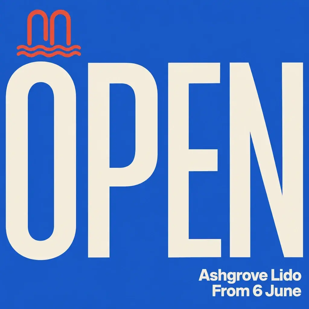 A square blue post with OPEN in huge cream capitals edge to edge, the red arch mark at the top left and Ashgrove Lido, From 6 June at the bottom right