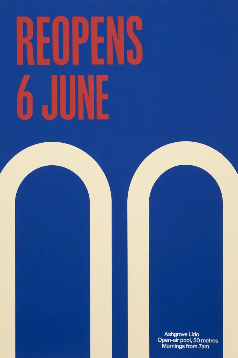 A blue screen-printed poster with two huge cream arches rising from the bottom, REOPENS 6 JUNE in red Art Deco capitals at the top left and a small cream text block at the bottom right