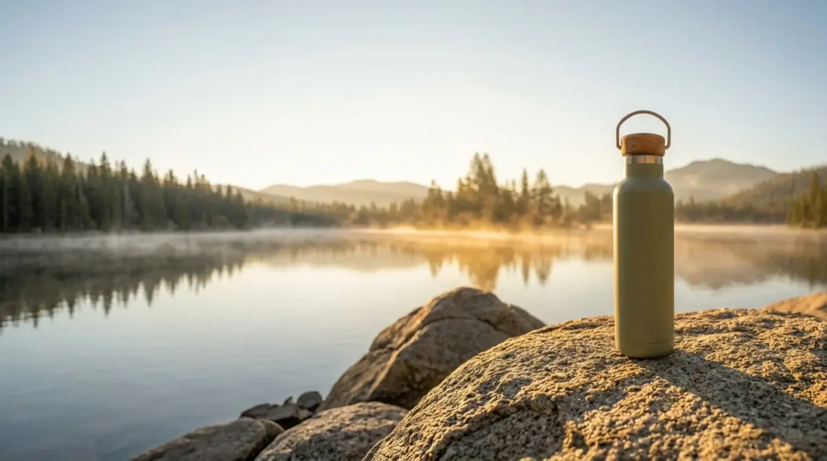 The lake scene as a wide 16:9 banner: the bottle on the boulder in the right third, open water and sky across the left