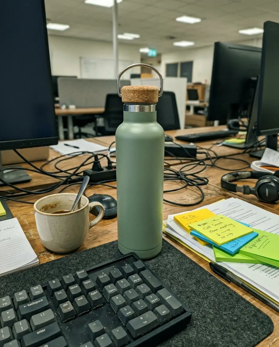A generated phone photo of a matte sage-green steel water bottle with a cork cap on a cluttered office desk beside a keyboard, a coffee mug and sticky notes, under flat fluorescent light