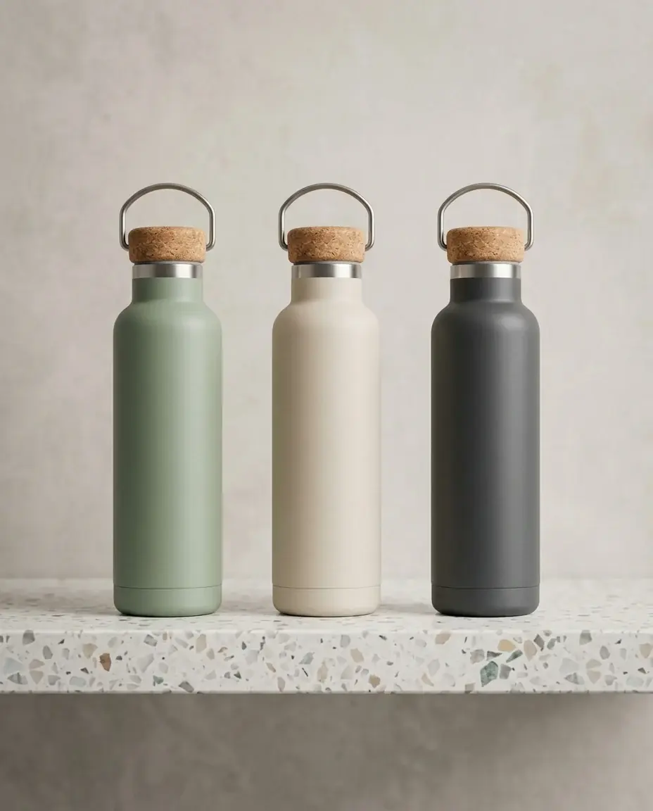 Three of the bottle in sage, sand and charcoal on a pale terrazzo shelf, each with the same cork cap and steel handle
