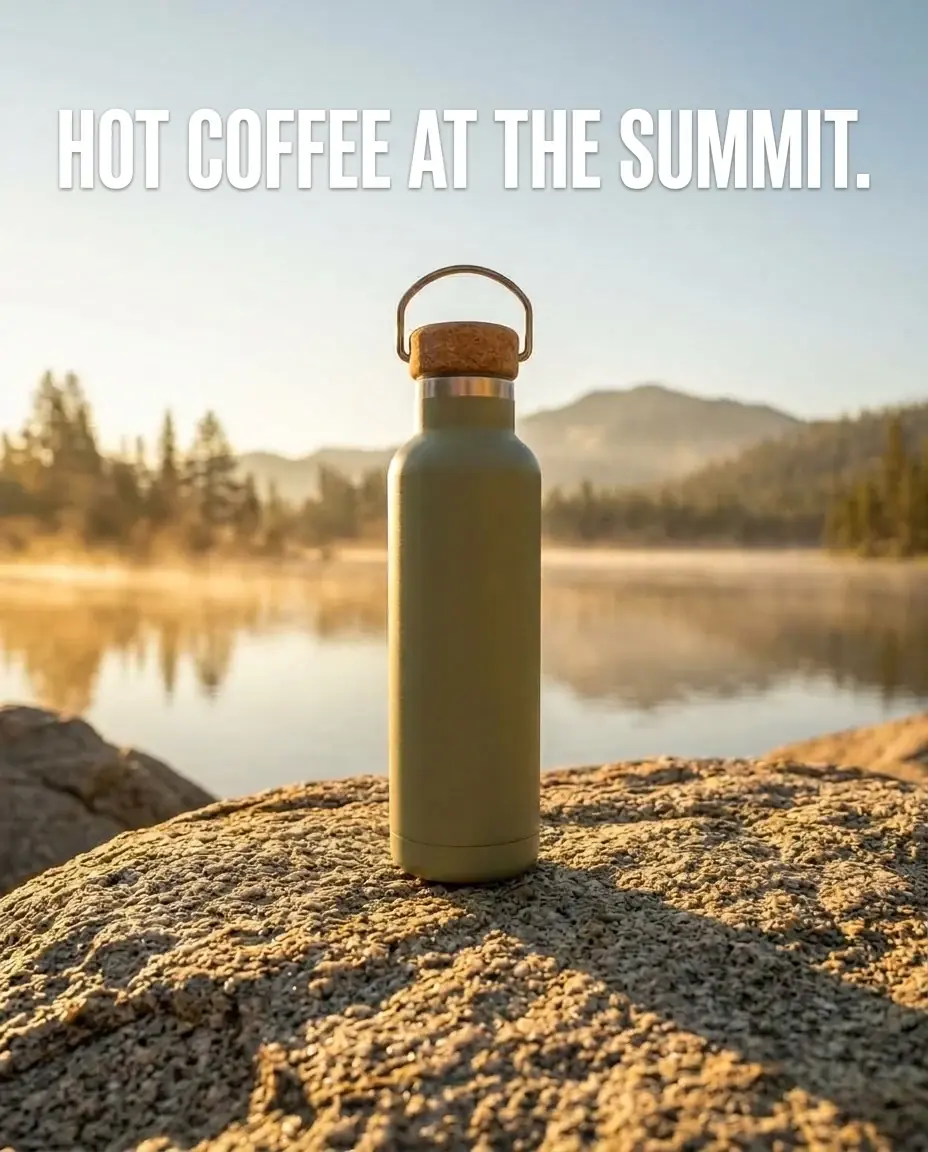 The same key visual with HOT COFFEE AT THE SUMMIT. across the sky, the bottle and lake unchanged