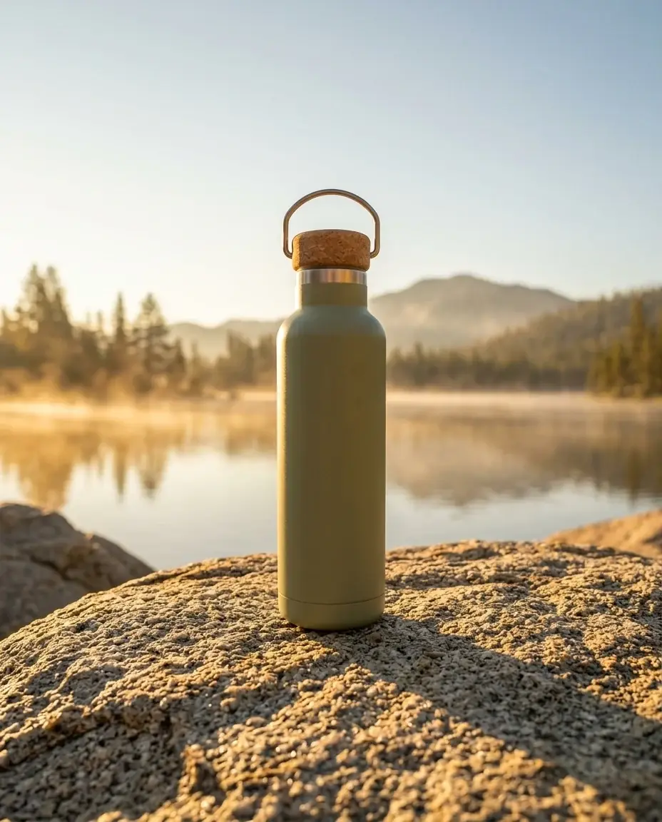 The same bottle on a sunlit granite boulder beside a misty mountain lake at golden hour, clear pale sky across the top