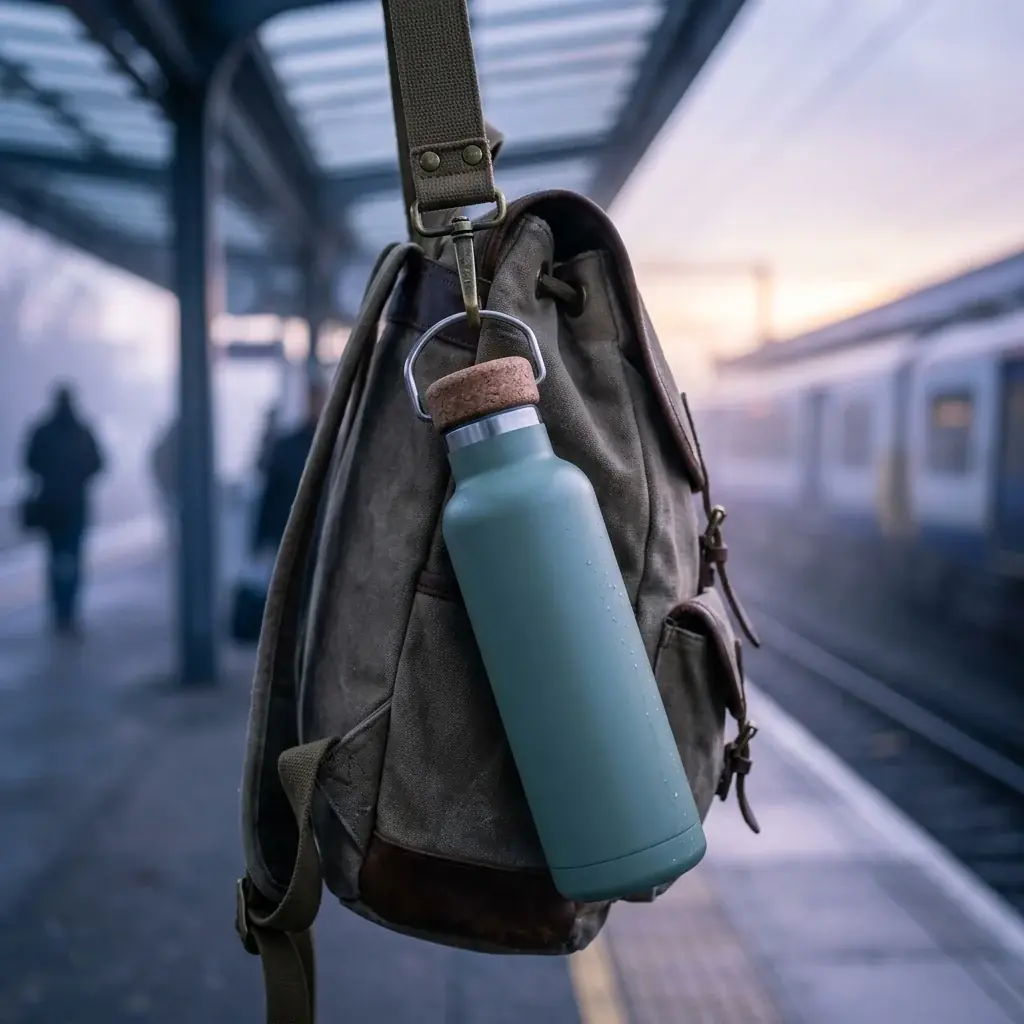 The bottle clipped to the strap of a canvas backpack on a misty train platform at dawn, a train blurred behind