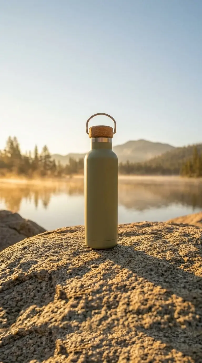 The lake scene as a tall 9:16 story: the bottle in the middle, plain sky above and plain rock below
