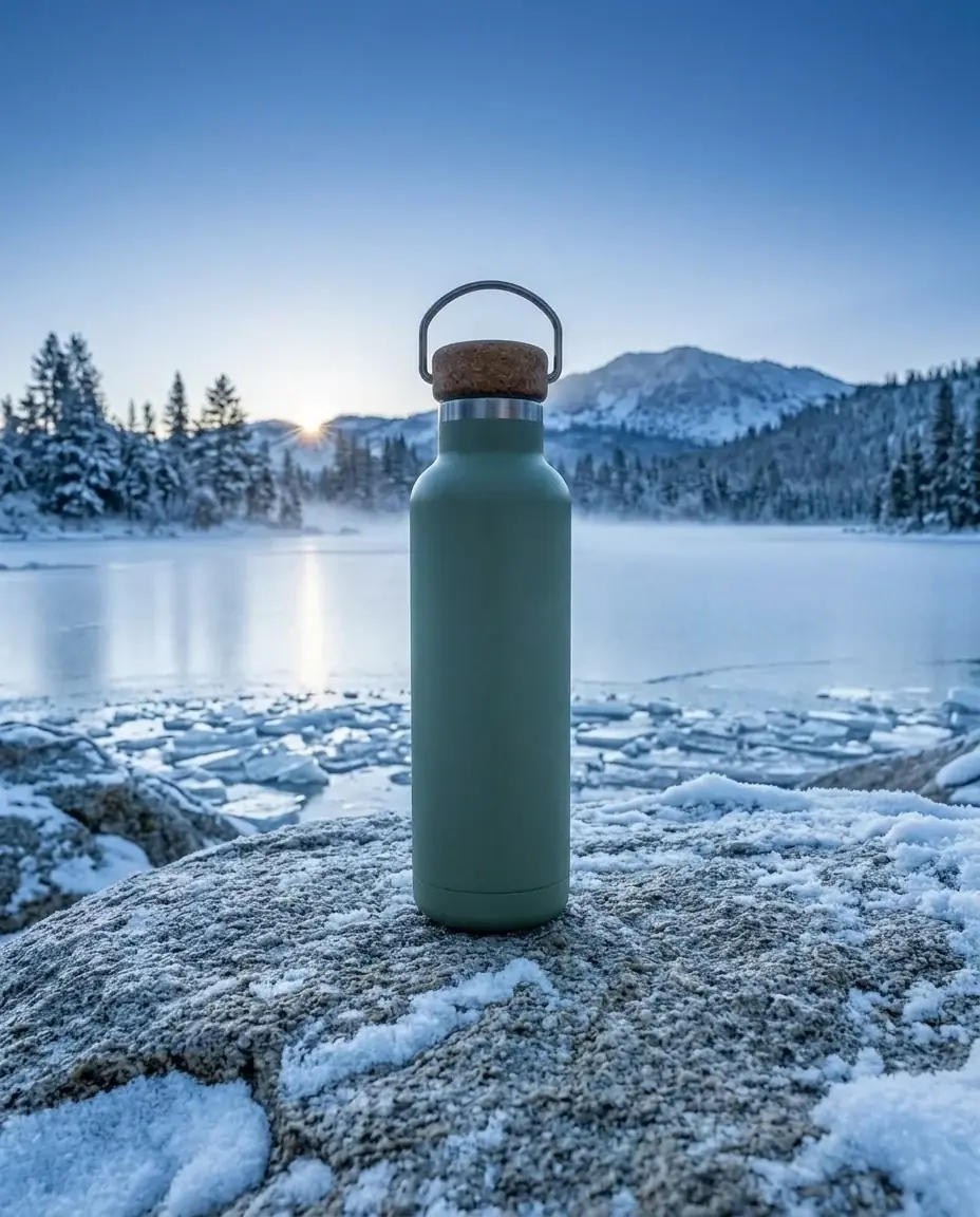 The same bottle and framing in winter: snow on the boulder, ice along a frozen lake, cold blue light and a low sun