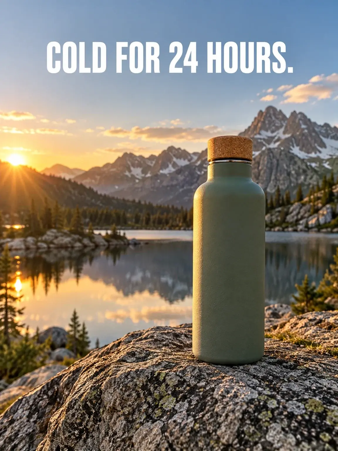 GPT Image 2.5 Sunburst: the bottle large on a lichen-covered rock, a sunburst over the lake, COLD FOR 24 HOURS. across the top